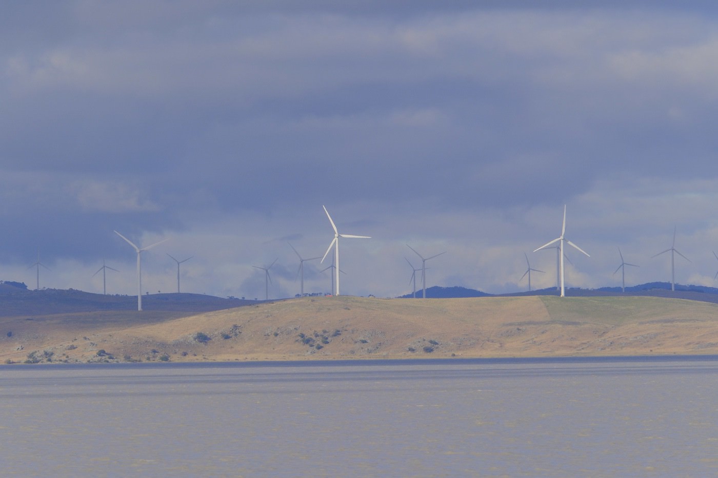 Wind Turbines on the horizon of Lake George in NSW near Canberra